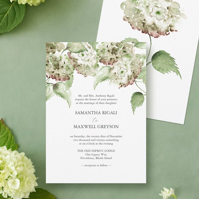 Invitaciones formales de boda con hortensias verde (green and antique hydrangea wedding invitations hand painted watercolor art Victoria Do Tell A Belle)