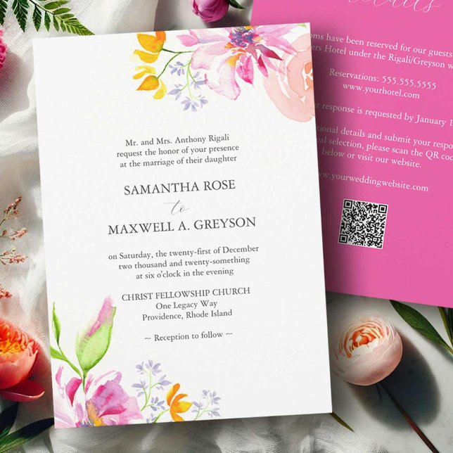 Invitaciones formales de matrimonio con floral de  (Bold wedding invitations pink orange flowers QR code watercolor art by Victoria Grigaliunas )