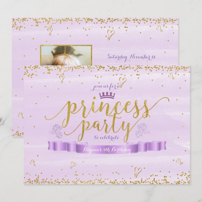 Invitaciones fotográficas doradas y moradas para f (Anverso / Reverso)