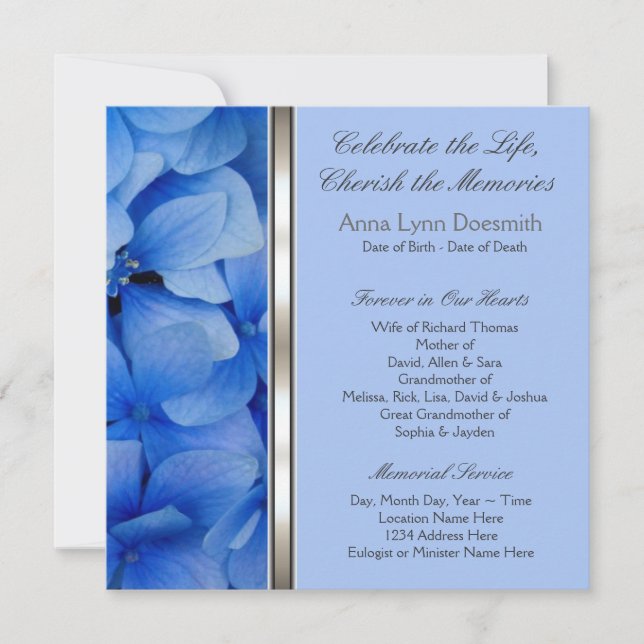 Invitaciones funerarias Blue Hydrangea (Anverso)