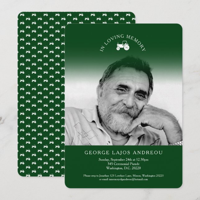 Invitaciones funerarias para el funeral verde de u (Anverso / Reverso)