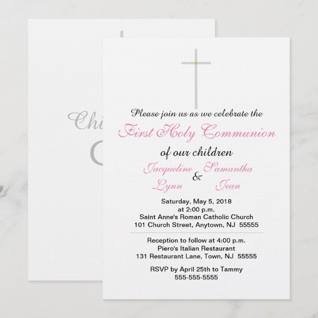 Invitaciones gemelas rosadas para la Primera Comun (Anverso / Reverso)