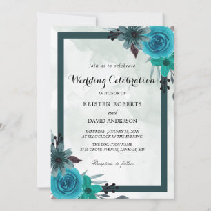invitaciones geométricas de bodas verde azuladas y