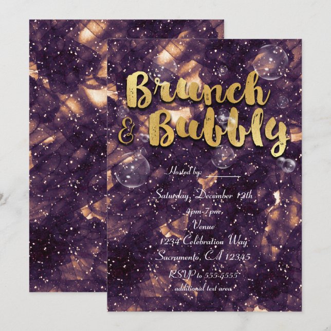 Invitaciones Glam Chic Morado Dorado para Brunch y (Anverso / Reverso)