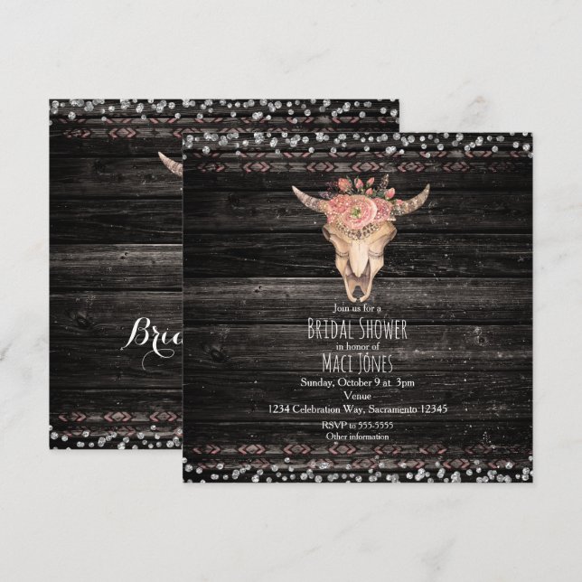 Invitaciones Glam de madera oscura con cráneo de v (Anverso / Reverso)