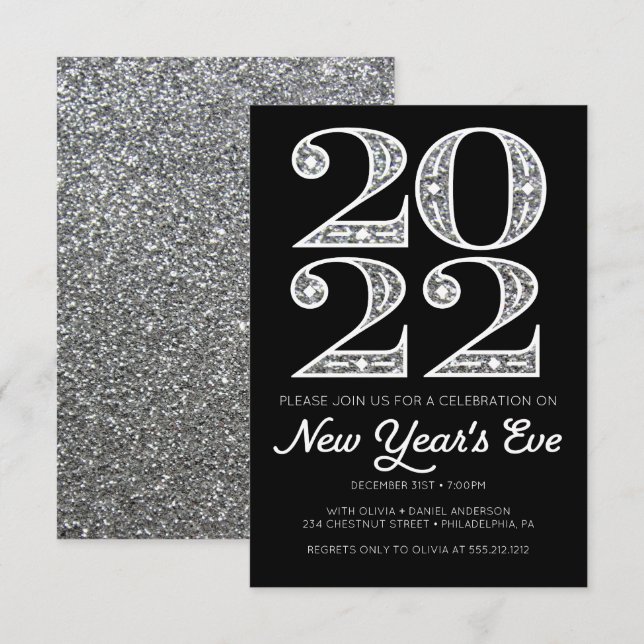 Invitaciones glamorosas de plata a fiesta de Año N (Anverso / Reverso)