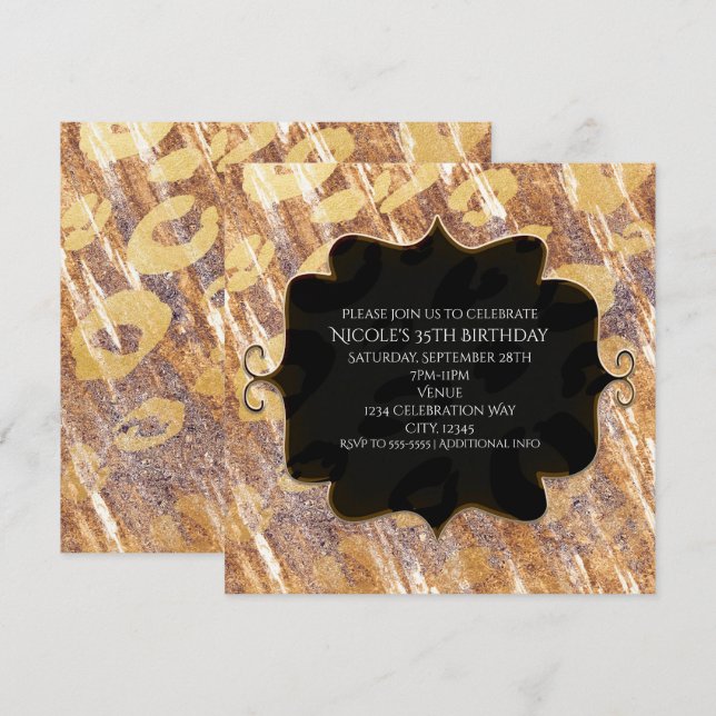Invitaciones Glamour Leopardo Beige Arena Brillo (Anverso / Reverso)