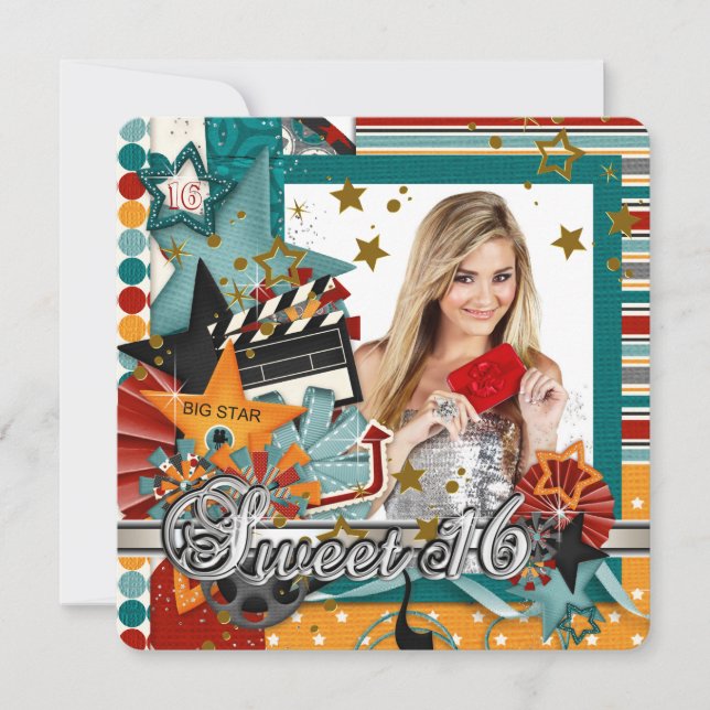 Invitaciones Glitz Glamor Estrella de Cine Cumple  (Anverso)