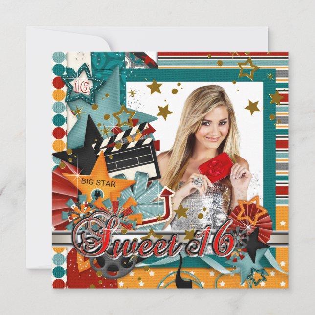 Invitaciones Glitz Glamor Estrella de Cine Cumplea (Anverso)