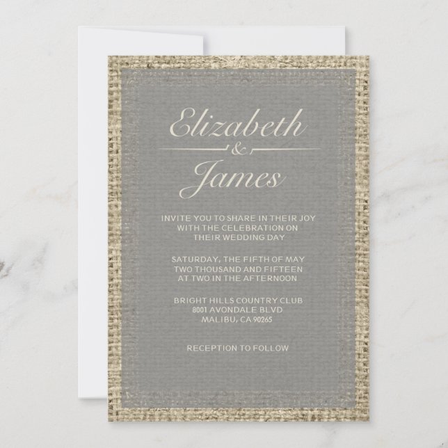 Invitaciones grises de la boda de la arpillera del (Anverso)