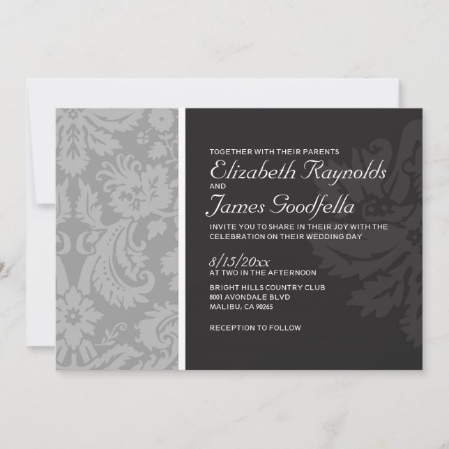 Invitaciones grises de la boda del damasco (Anverso)