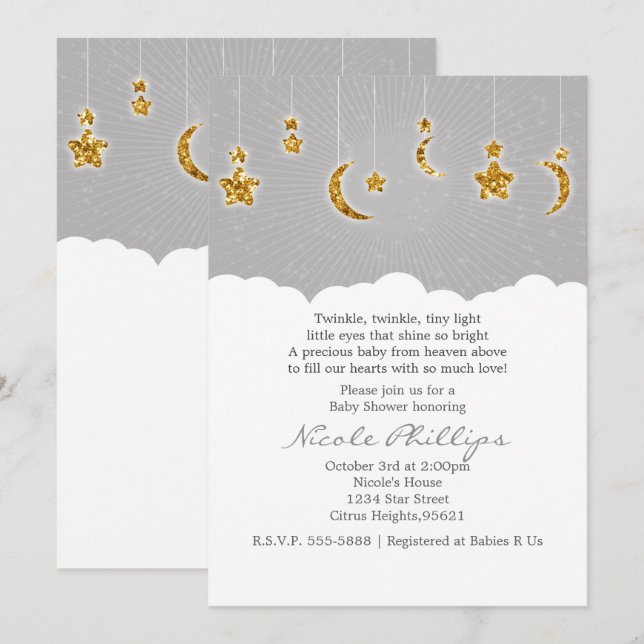 Invitaciones grises de Stars Moon & Clouds Baby Sh (Anverso / Reverso)