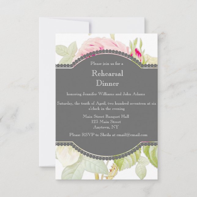 Invitaciones grises florales de la cena del ensayo (Anverso)