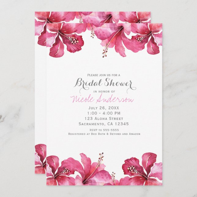Invitaciones hawaianas florales de Hibiscus Pink T (Anverso / Reverso)