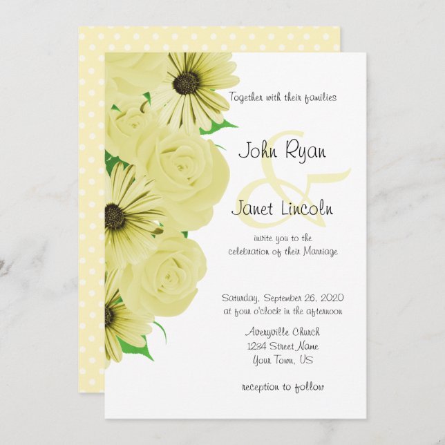 Invitaciones hermosas de la boda del rosa amarillo (Anverso / Reverso)
