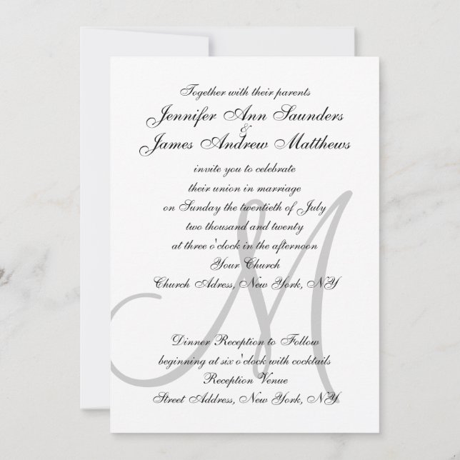 Invitaciones iniciales a la elegante boda blanca n (Reverso)