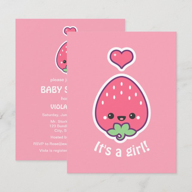 Invitaciones lindas de Baby Shower de la fresa (Anverso / Reverso)