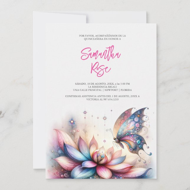 Invitaciones mágicas a la mariposa Quinceanera (Anverso)