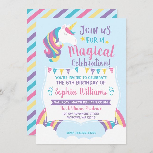 Invitaciones mágicas del cumpleaños del unicornio (Anverso / Reverso)