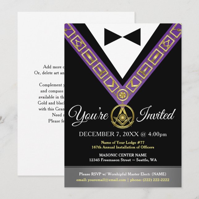 Invitaciones masónicas de Grand Lodge | Morado y o (Anverso / Reverso)
