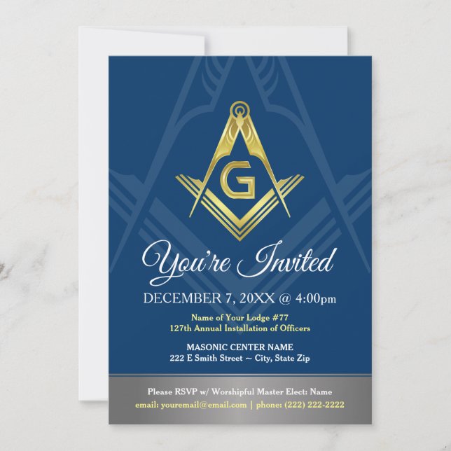 Invitaciones masónicas | Masón azul marino y oro (Anverso)