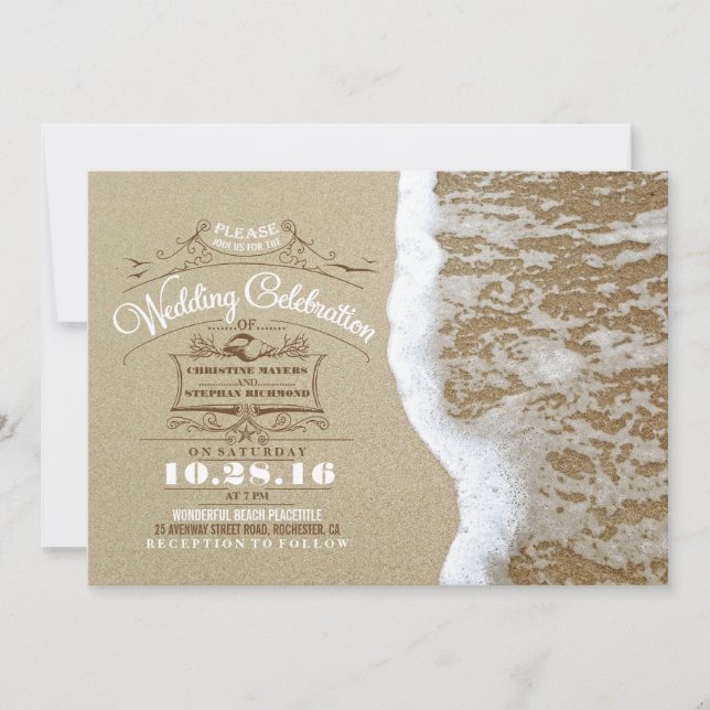 Invitaciones modernas a bodas en la playa - Arena  (Anverso)