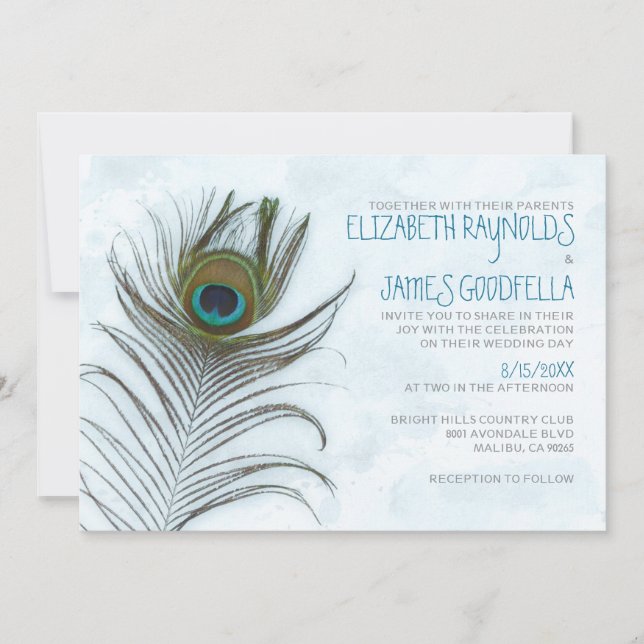 Invitaciones modernas a la boda de la pluma de pav (Anverso)