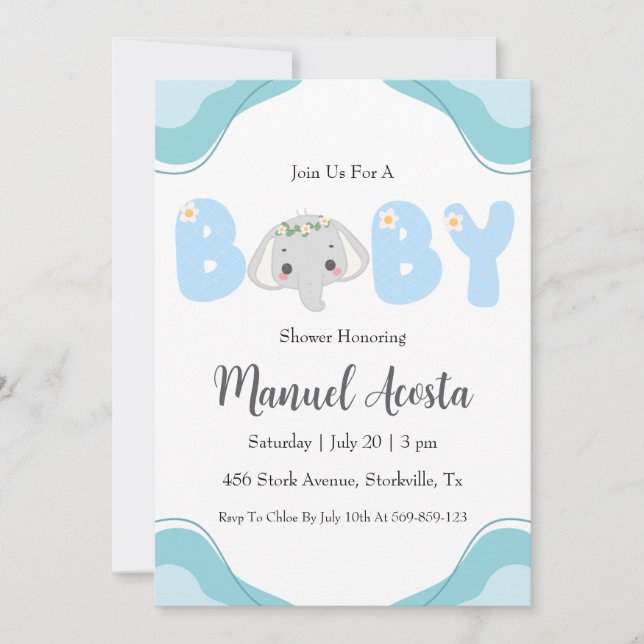 invitaciones modernas a la ducha de bebé con elefa (Anverso)