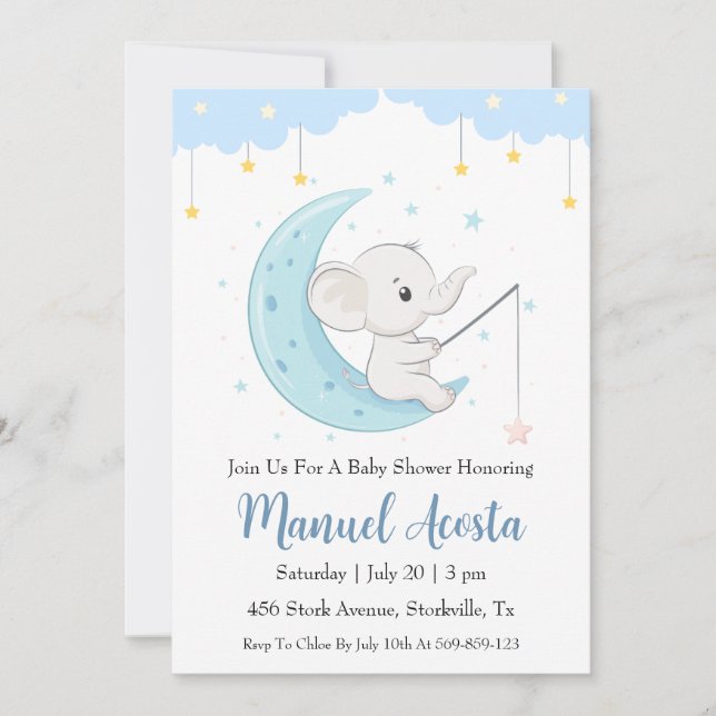 invitaciones modernas a la ducha de bebé con elefa (Anverso)