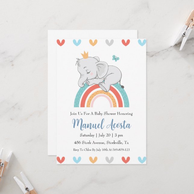 invitaciones modernas a la ducha de bebé con elefa (Anverso/Reverso In Situ)