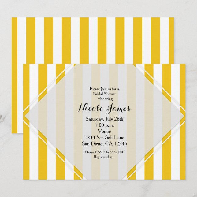 Invitaciones modernas a rayas amarillas y blancas (Anverso / Reverso)