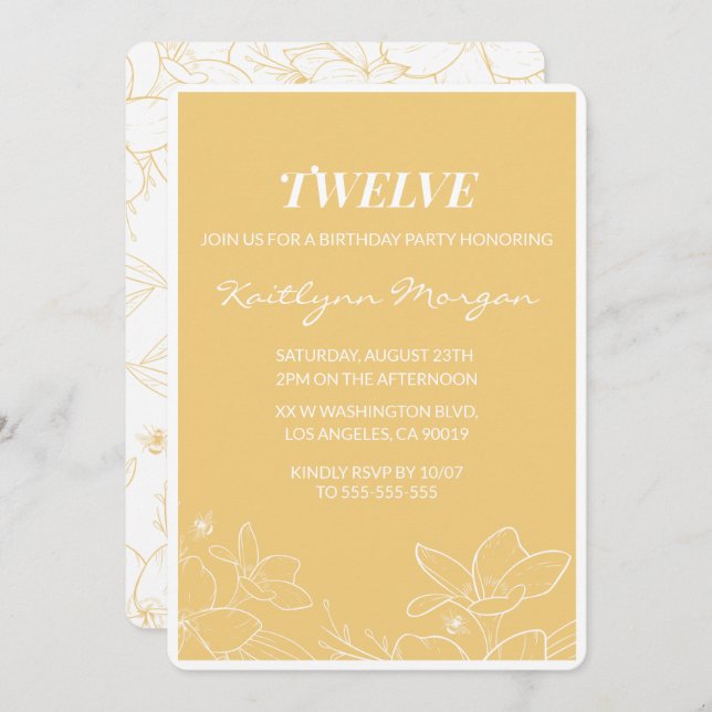 Invitaciones modernas de 12 años Floral Amarillo (Anverso / Reverso)