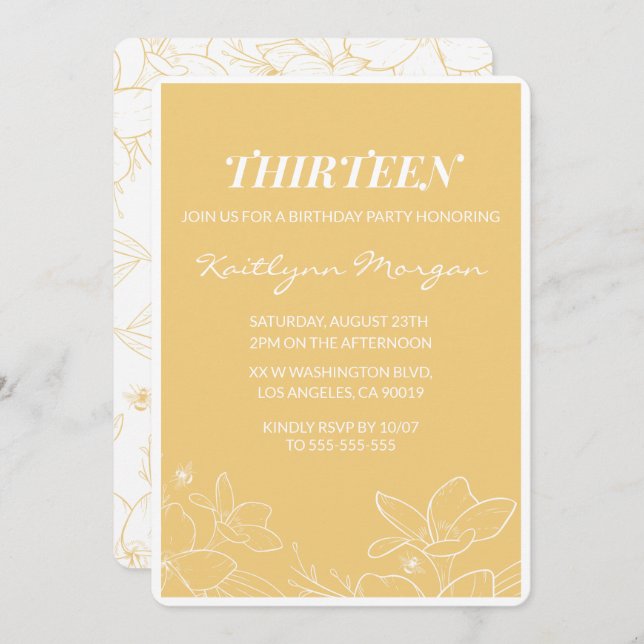 Invitaciones modernas de 13 años Floral Amarillo (Anverso / Reverso)