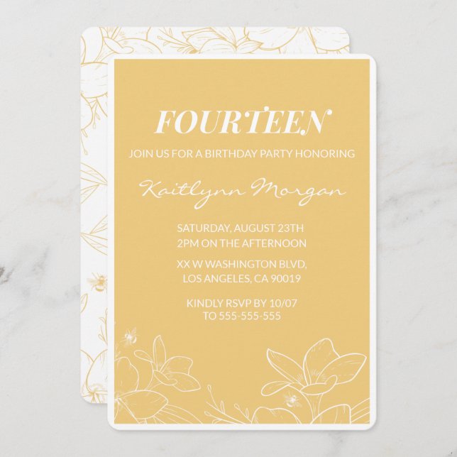 Invitaciones modernas de 14 años Floral Amarillo (Anverso / Reverso)