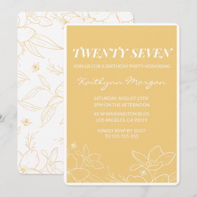 Invitaciones modernas de 27 años Floral Amarillo (Anverso / Reverso)