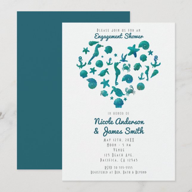 Invitaciones Modernas de Acuarela Teal Elementos d (Anverso / Reverso)