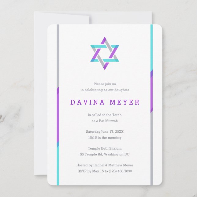 Invitaciones modernas de Bat Mitzvah | Púrpura + V (Anverso)