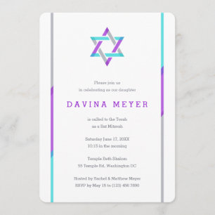 Invitaciones modernas de Bat Mitzvah Púrpura + V