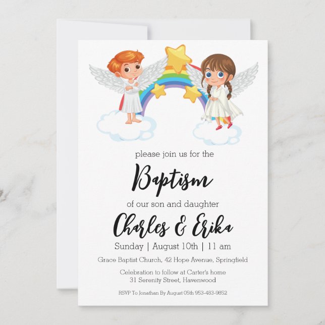 invitaciones modernas de bautismo gemelo (Anverso)