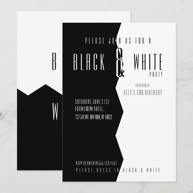 Invitaciones modernas de fiesta en blanco y negro (Anverso / Reverso)