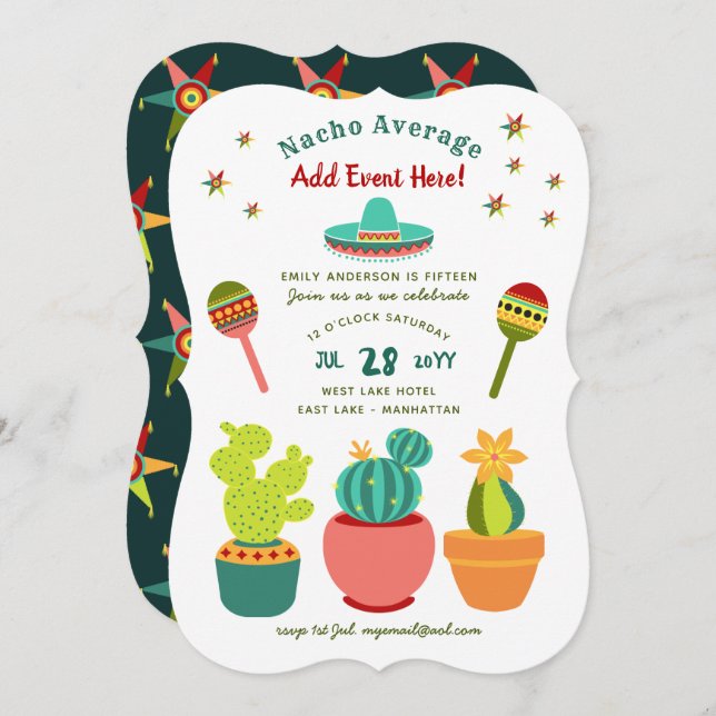 Invitaciones Modernas de FIESTA Mexicana NACHO PRO (Anverso / Reverso)