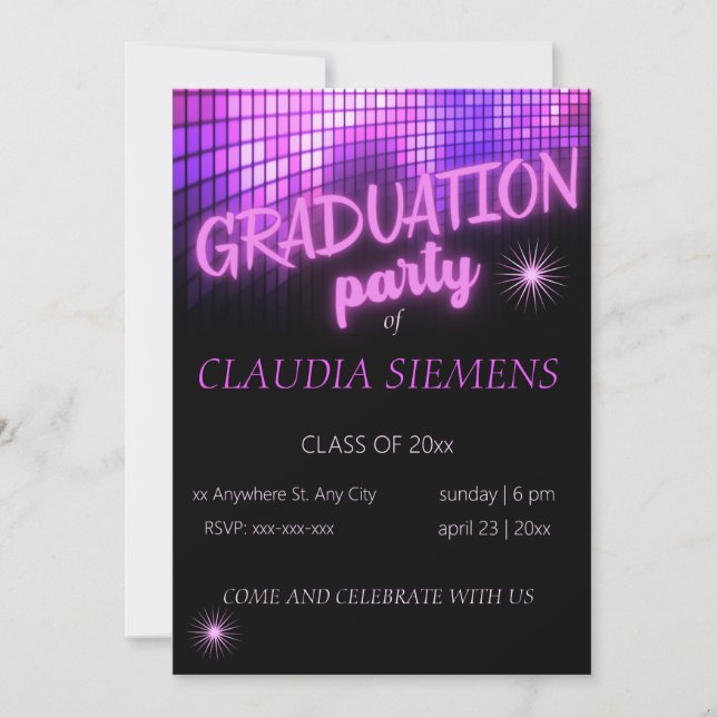 Invitaciones modernas de graduación de PINK NEON (Anverso)