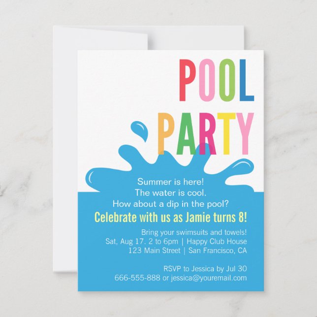 Invitaciones modernas de la fiesta en la piscina (Anverso)
