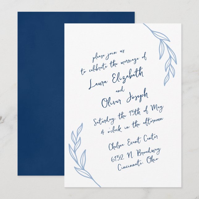 Invitaciones modernas manuscritas de boda azul (Anverso / Reverso)