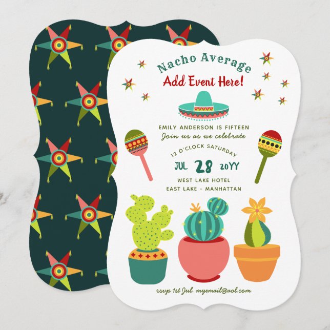 Invitaciones modernas mexicanas para FIESTA NACHO  (Anverso / Reverso)