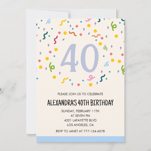 Invitaciones modernas para 40 años Confetti (Anverso)