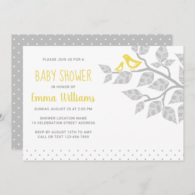 Invitaciones modernas para bebés con pájaro (Anverso / Reverso)