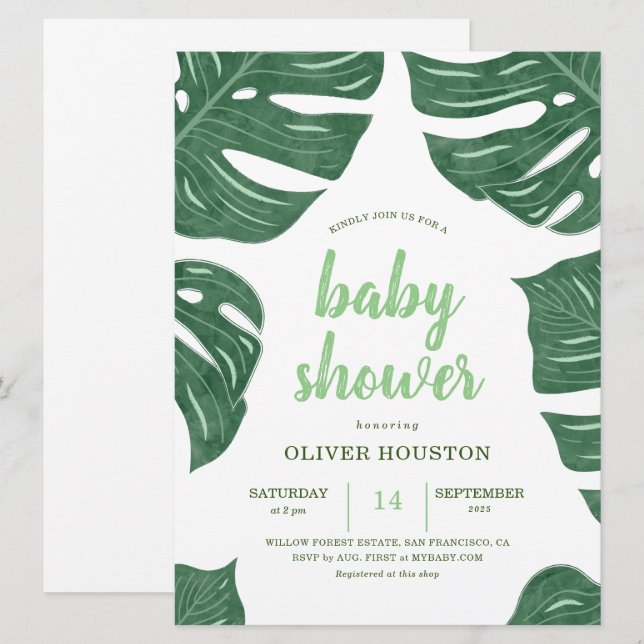 Invitaciones modernas para duchas de bebé en hojas (Anverso / Reverso)