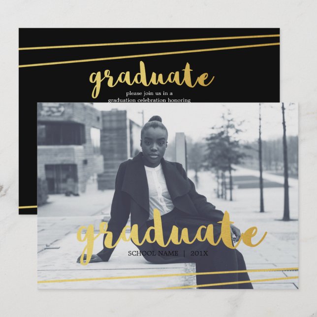 Invitaciones modernas para graduados negros, dorad (Anverso / Reverso)