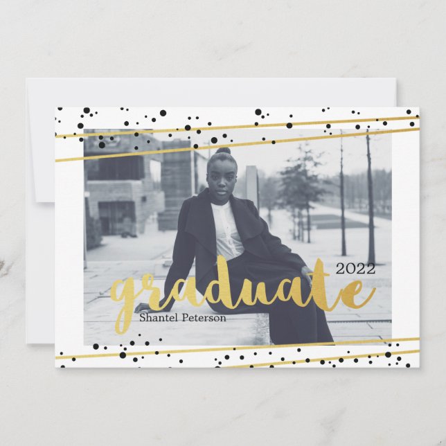 Invitaciones modernas para graduados negros, dorad (Anverso)